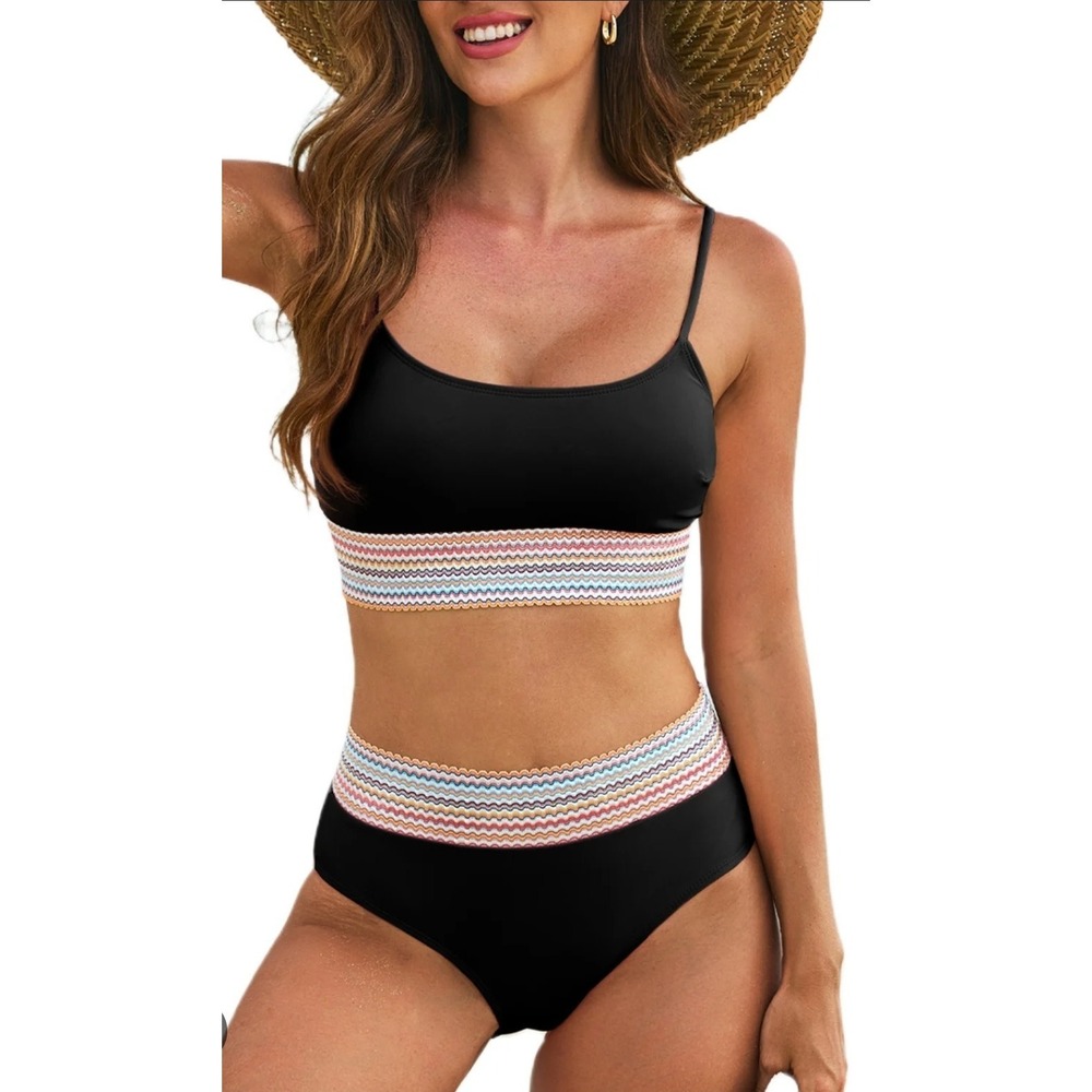 NWT Cupshe Rainbow Trim Scoop Top & High Waisted Bikini Black Set Size Large